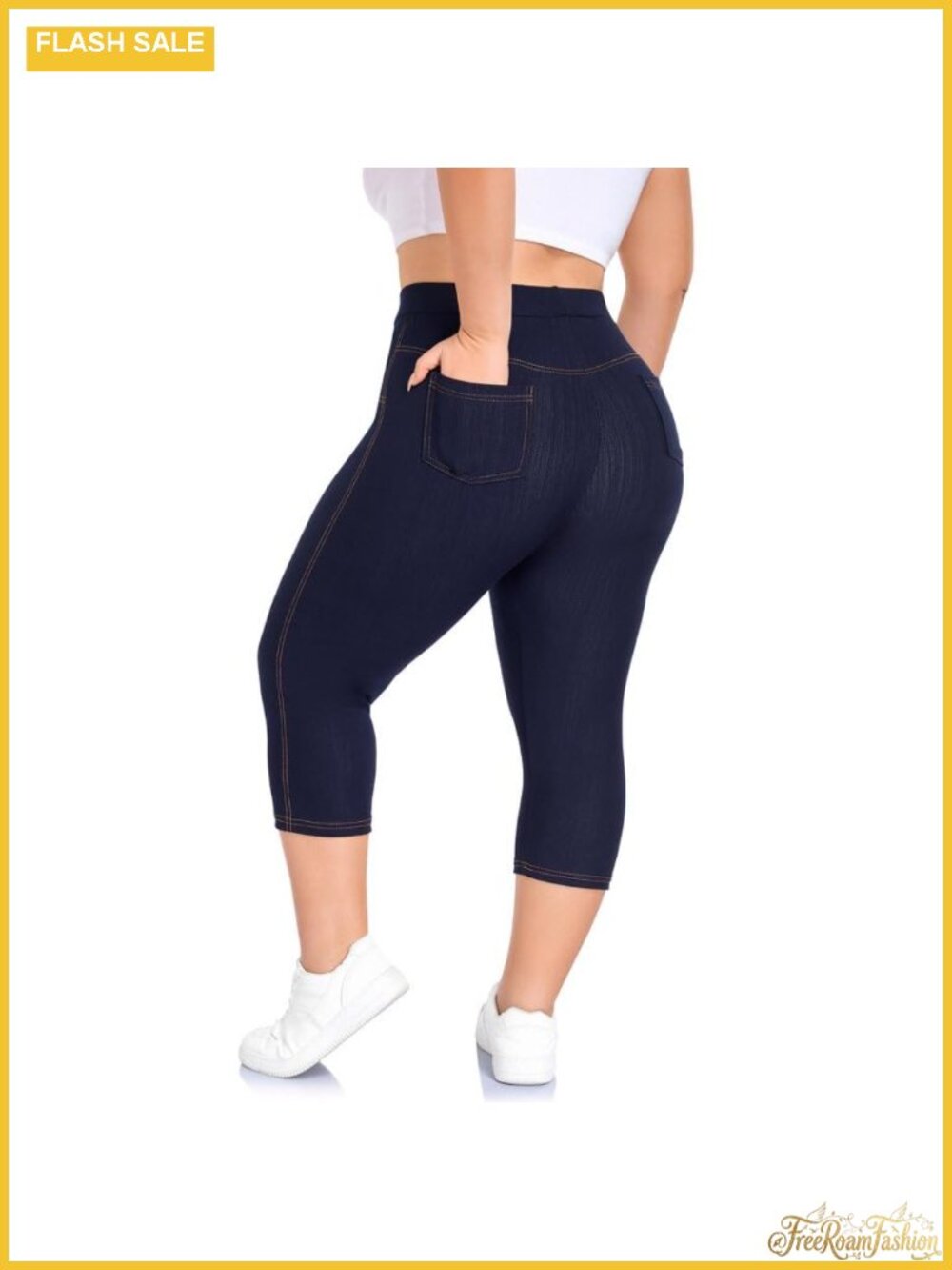 High Waisted Stretchy Pull On Capri Denim Jeggings with Pockets